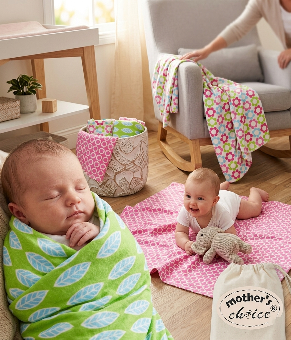 Two babies in a room with colorful blankets and a 'Mother's Choice' bag.
