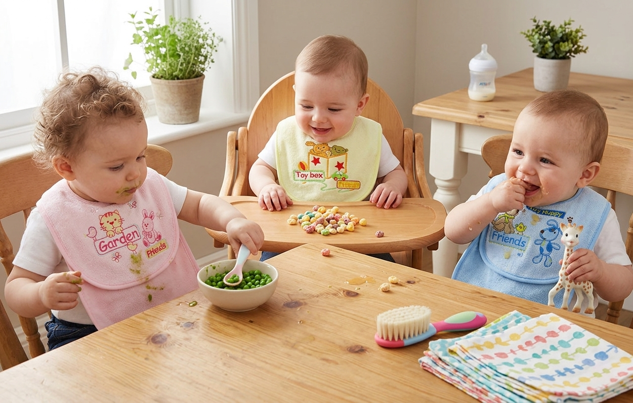 Three children sitting at a wooden table with food and toys, in a home setting.