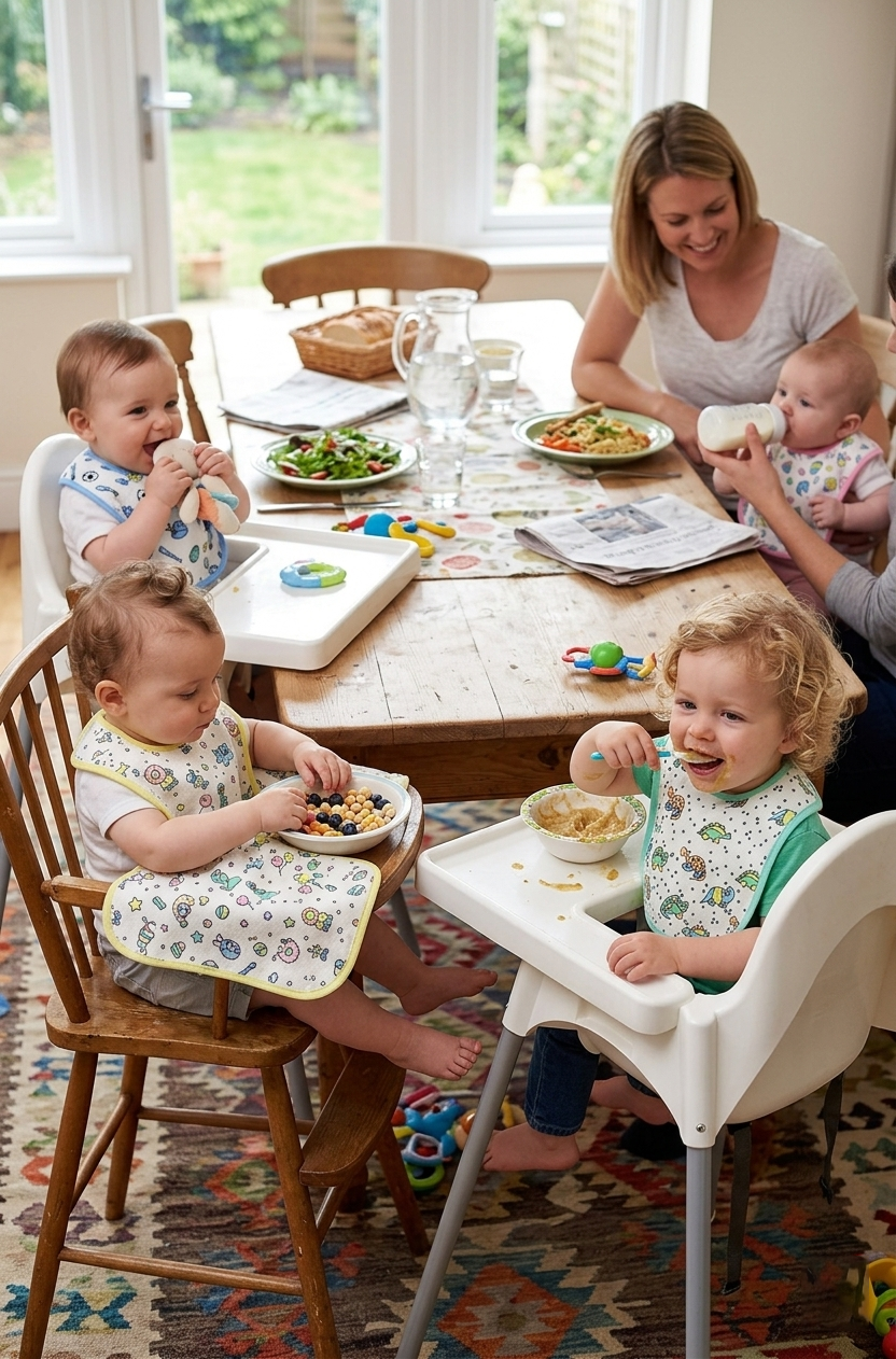 Family with children eating at a dining table in a home setting