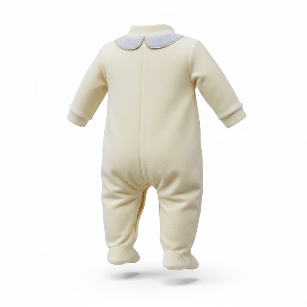 Baby onesie with light blue collar on a white background