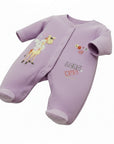 Purple baby onesie with cartoon design and text on a white background