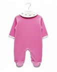 Pink baby onesie on a hanger with a white background