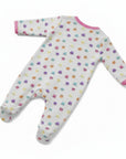 Baby onesie with colorful patterns on a white background