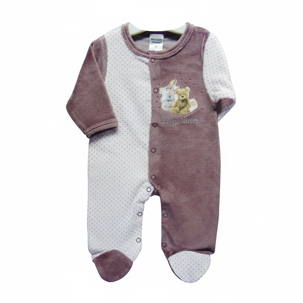 Baby onesie with teddy bear design on a white background