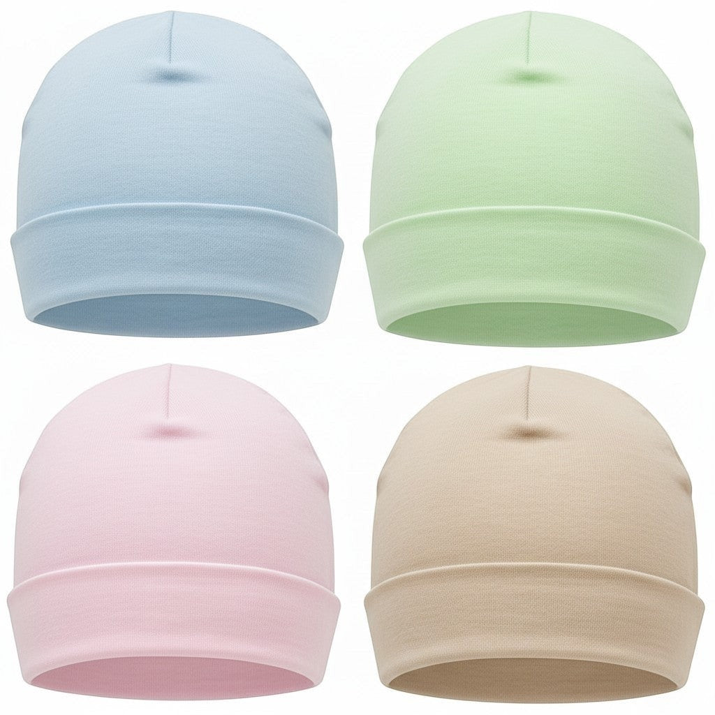 Four baby hats in blue, green, pink, and beige on a white background