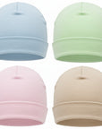 Four baby hats in blue, green, pink, and beige on a white background