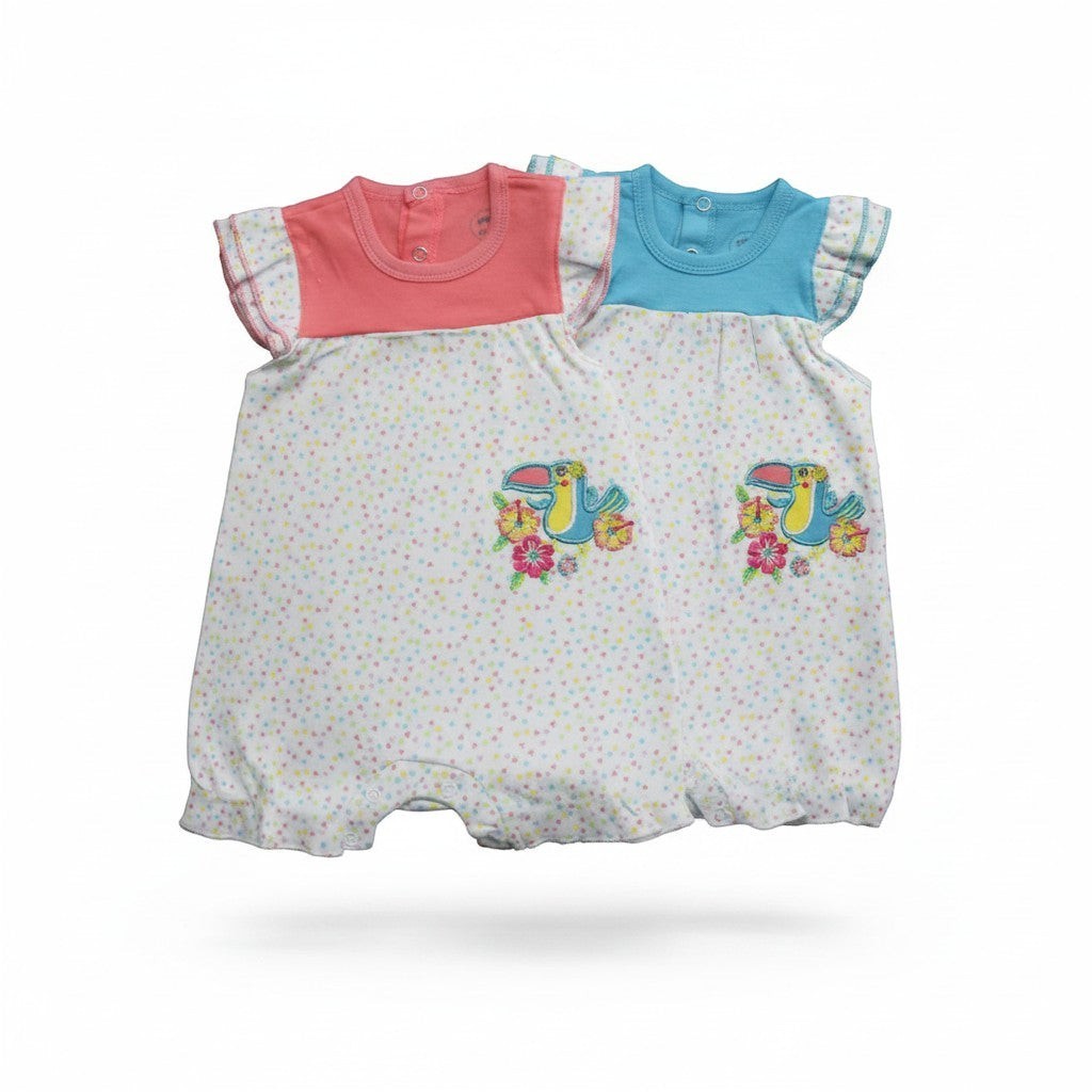 Two baby rompers with colorful designs on a white background