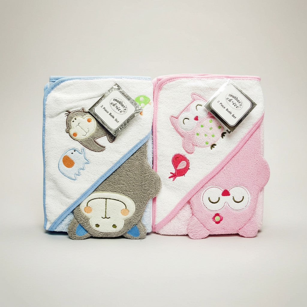 2 pc bath towel set baby monkey owl design