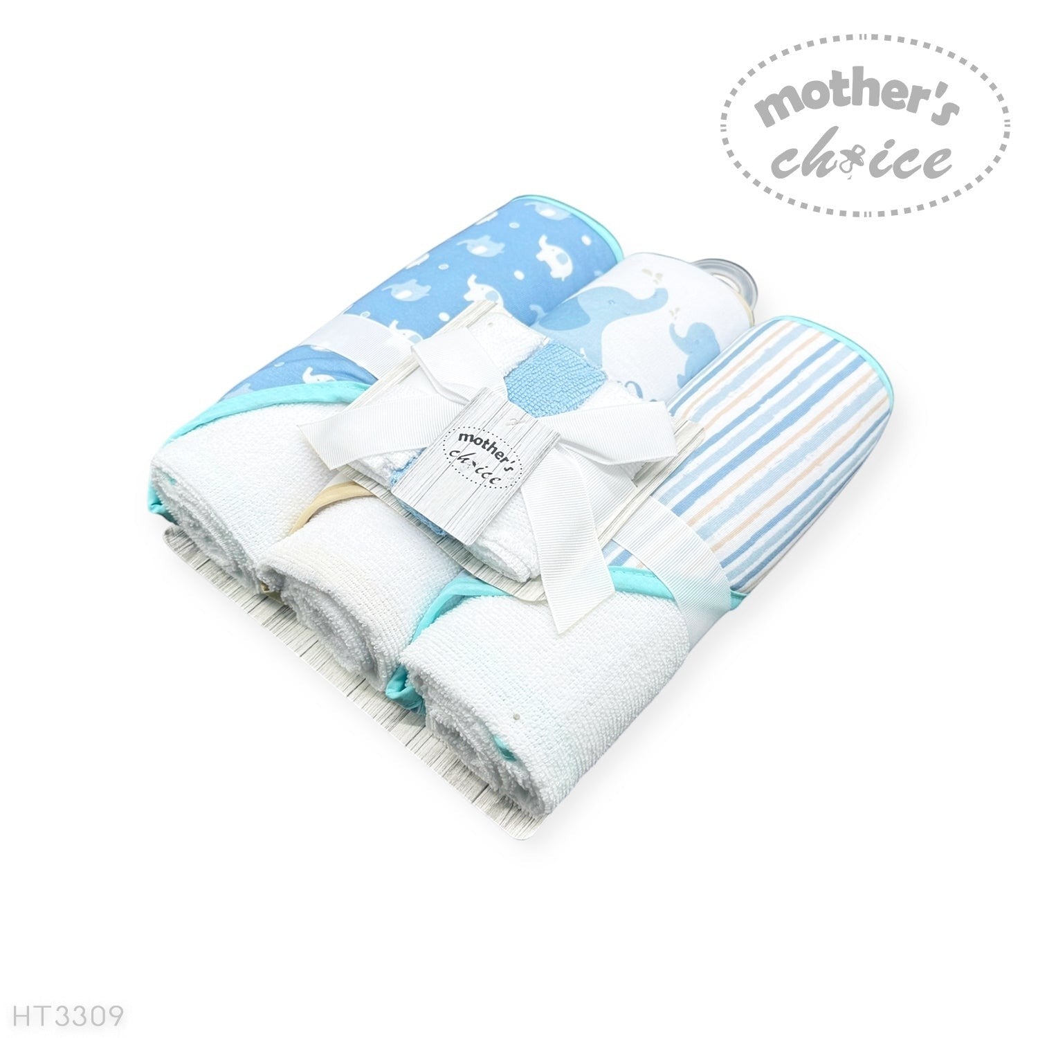 Mothers Choice  3 Piece Hooded Towels And 3 Piece Facecloths Blue Elephant