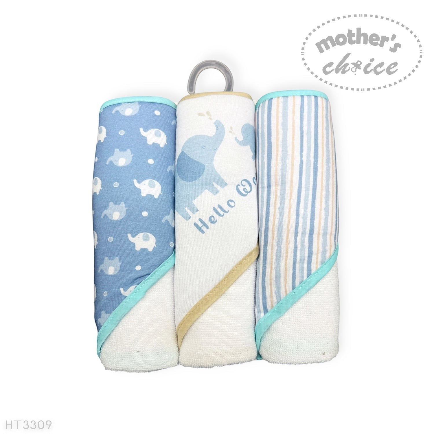 Mothers Choice  3 Piece Hooded Towels And 3 Piece Facecloths Blue Elephant