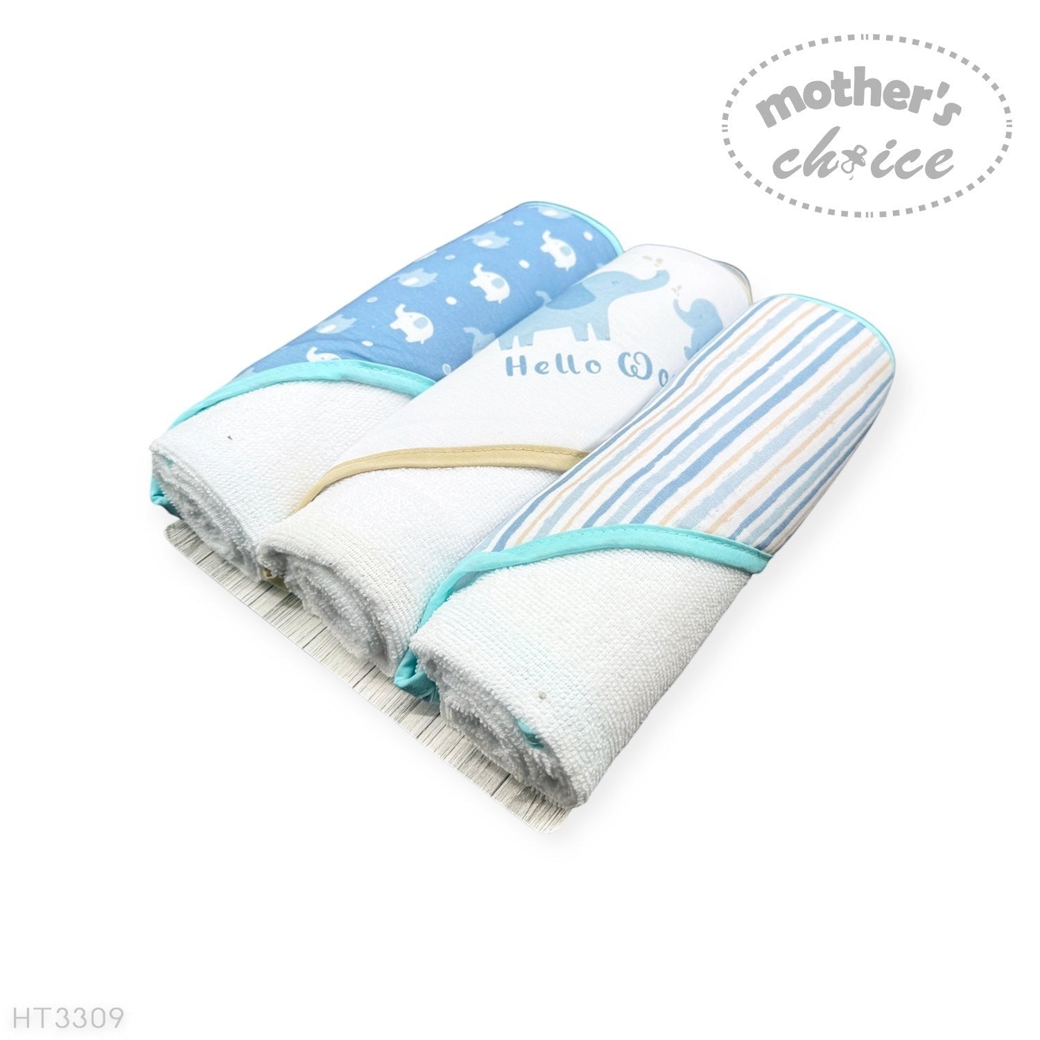 Mothers Choice  3 Piece Hooded Towels And 3 Piece Facecloths Blue Elephant