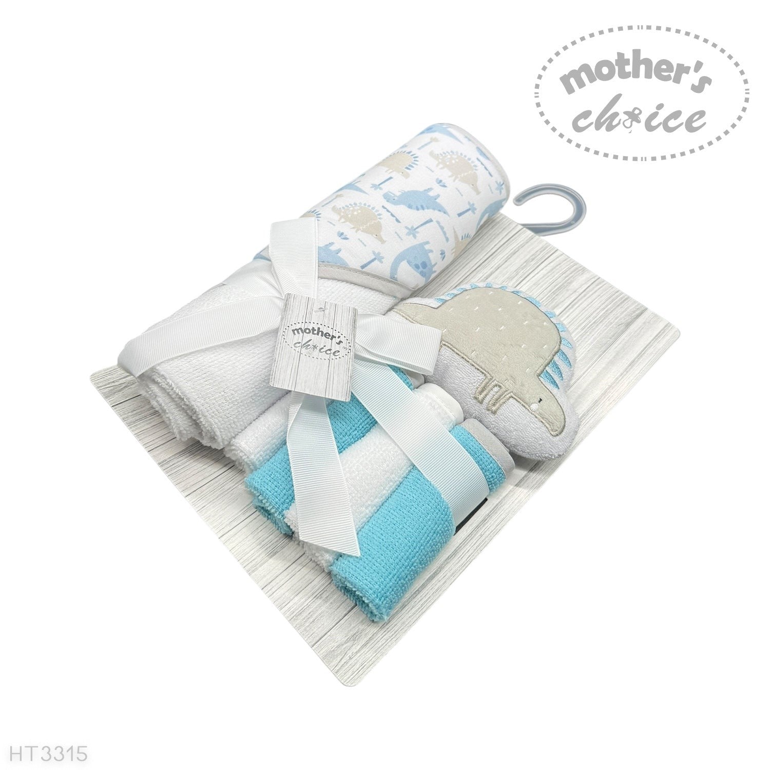hooded towel and 4 washcloths and wash sponge blue dino