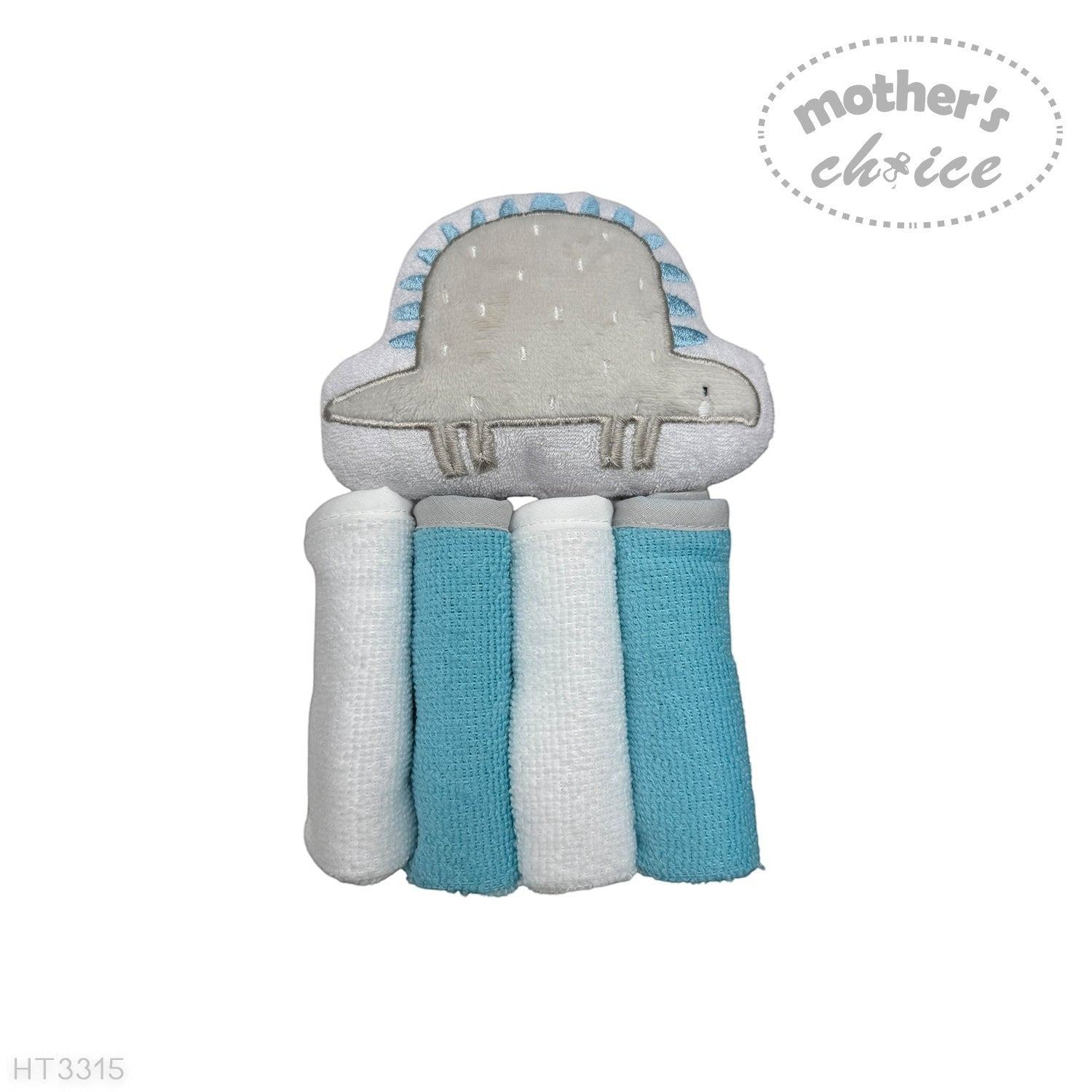 hooded towel and 4 washcloths and wash sponge blue dino