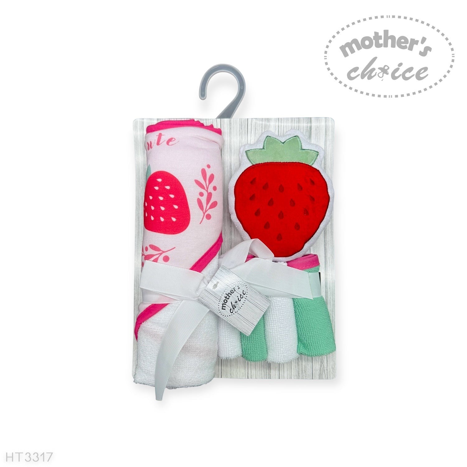 hooded towel and 4 washcloths and wash sponge strawberry