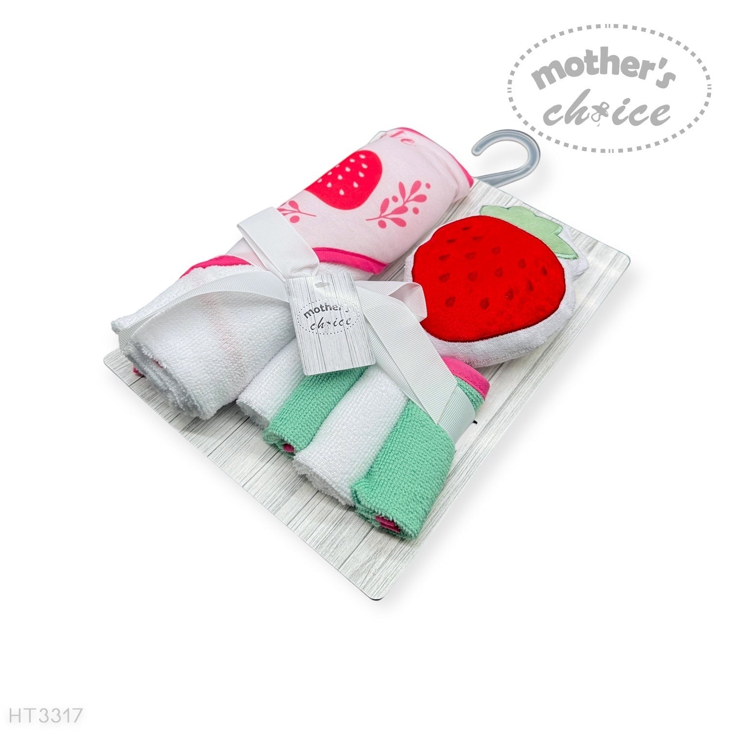 hooded towel and 4 washcloths and wash sponge strawberry