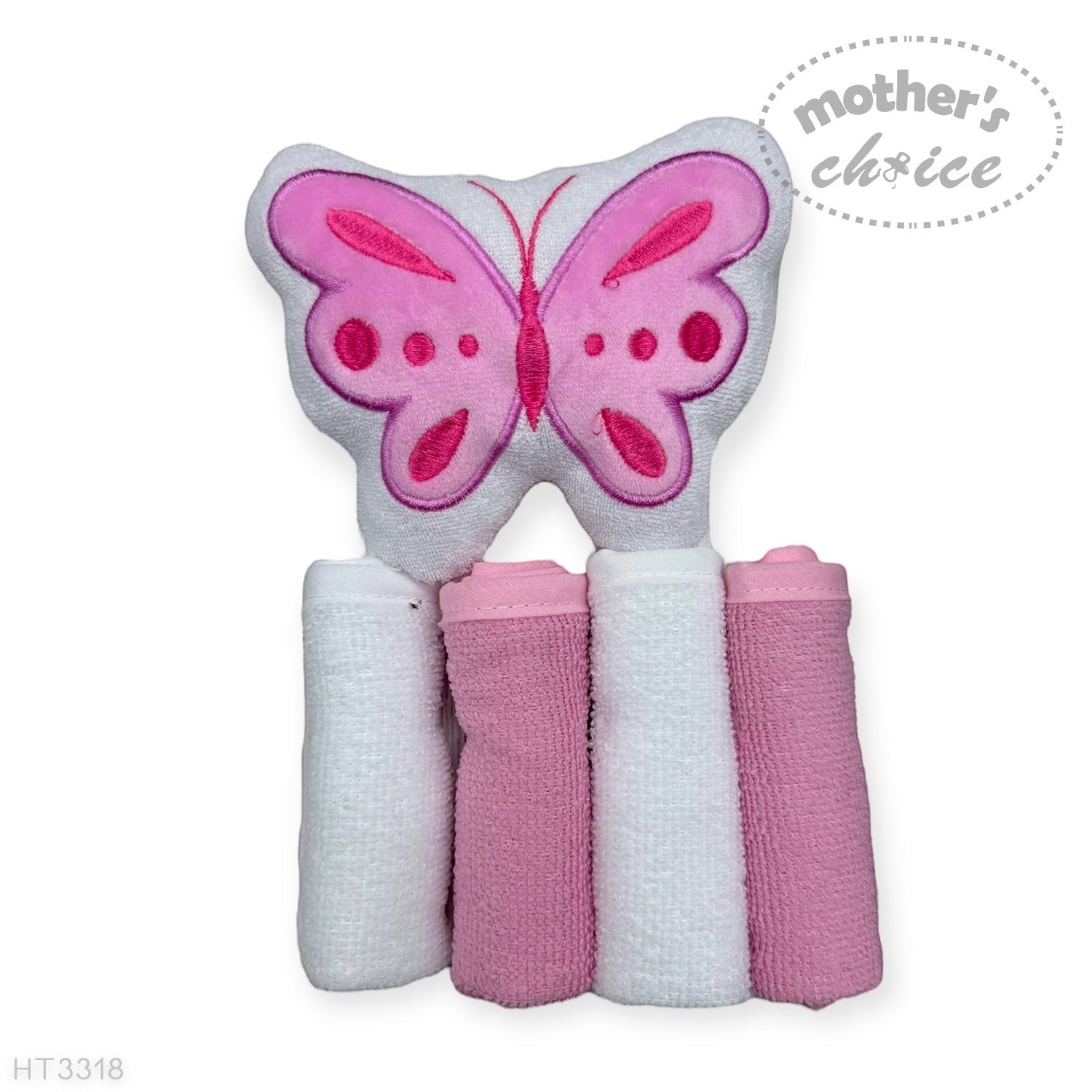 hooded towel and 4 washcloths and wash sponge pink butterfly