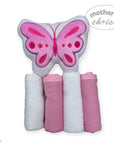 hooded towel and 4 washcloths and wash sponge pink butterfly