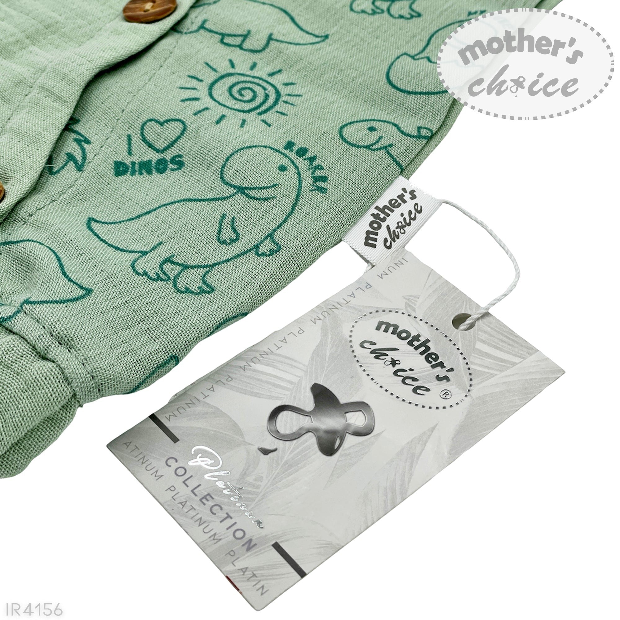 Green children's jacket with dinosaur patterns and 'mother's choice' tag on a white background