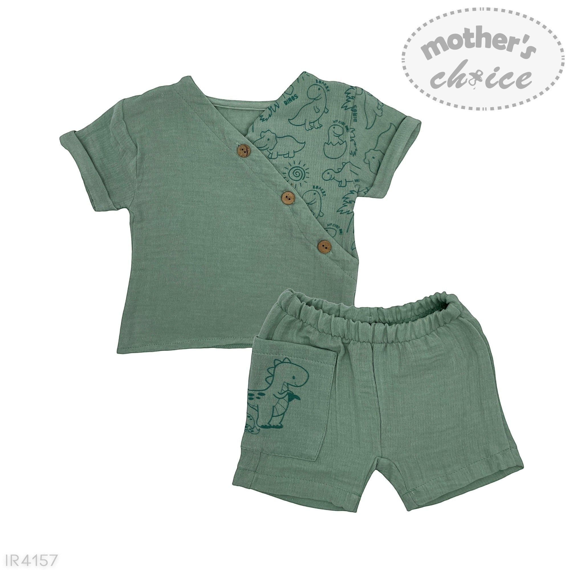 Green children's outfit with shirt and shorts on a white background, featuring 'mother's choice' branding.