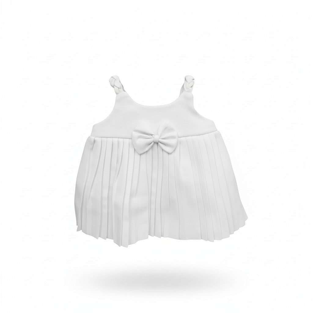 White pleated dress with a bow on a white background