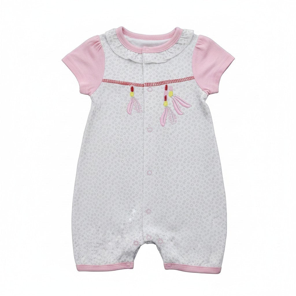 Baby romper with pink sleeves and trim on a white background