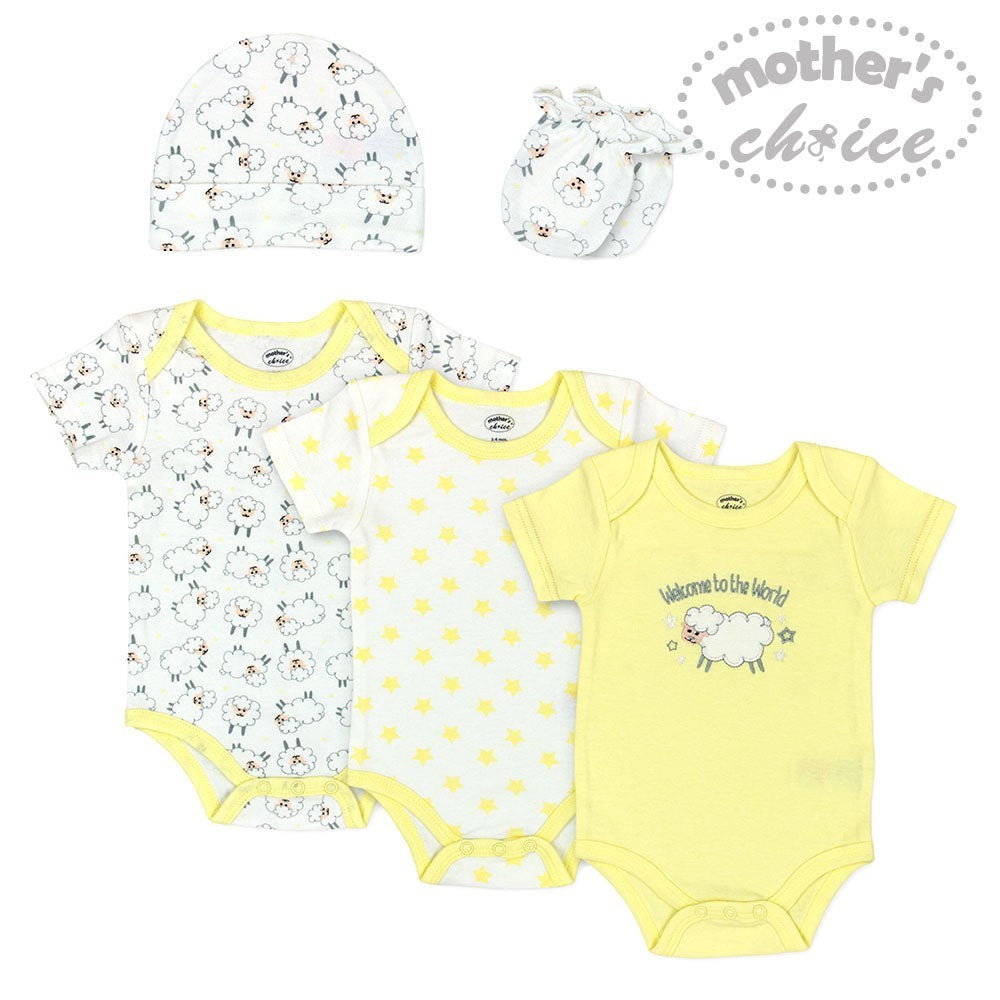 Set of baby onesies and hats with 'Mother's Choice' branding on a white background