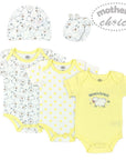 Set of baby onesies and hats with 'Mother's Choice' branding on a white background