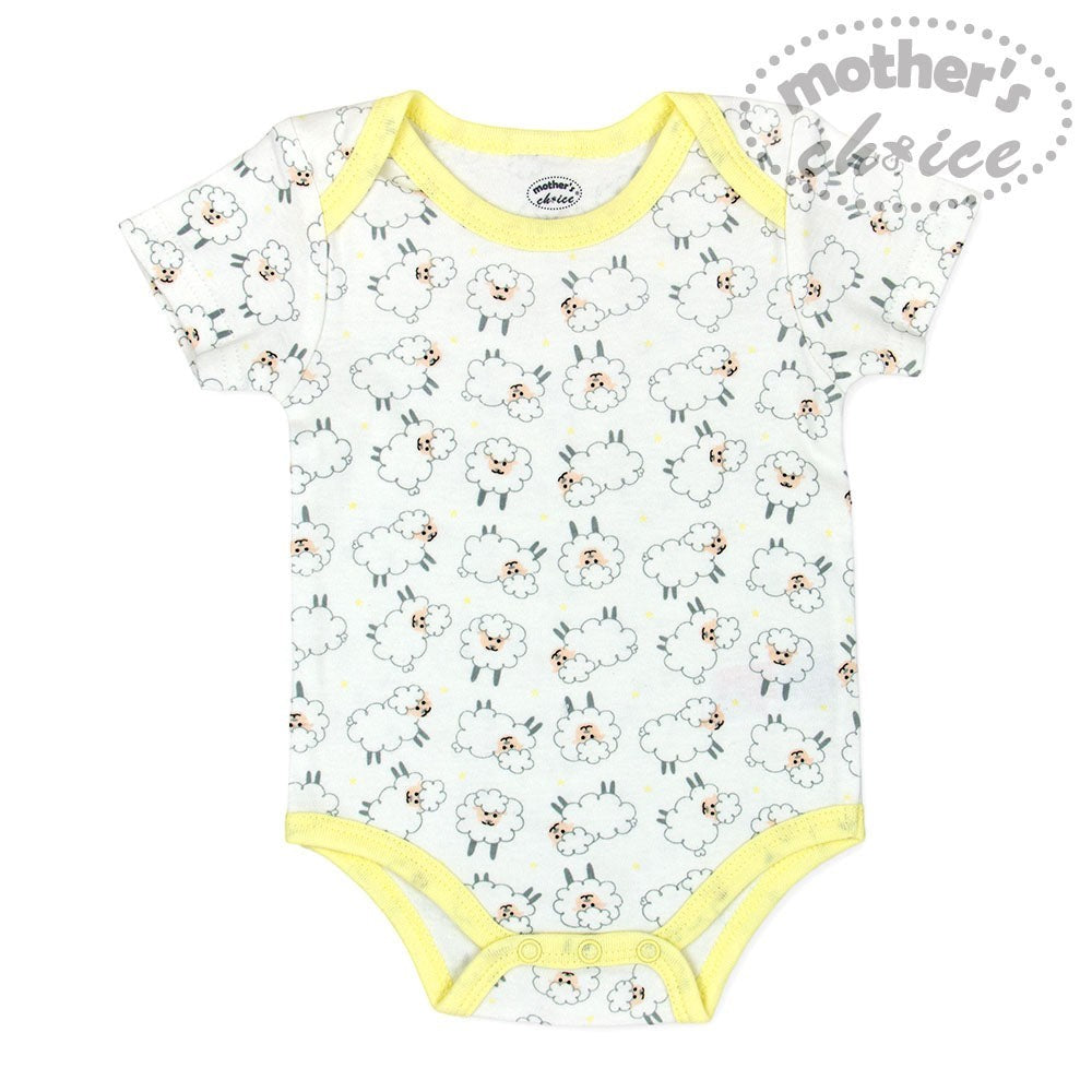 Baby bodysuit with sheep pattern and yellow trim on a white background