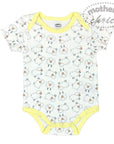 Baby bodysuit with sheep pattern and yellow trim on a white background