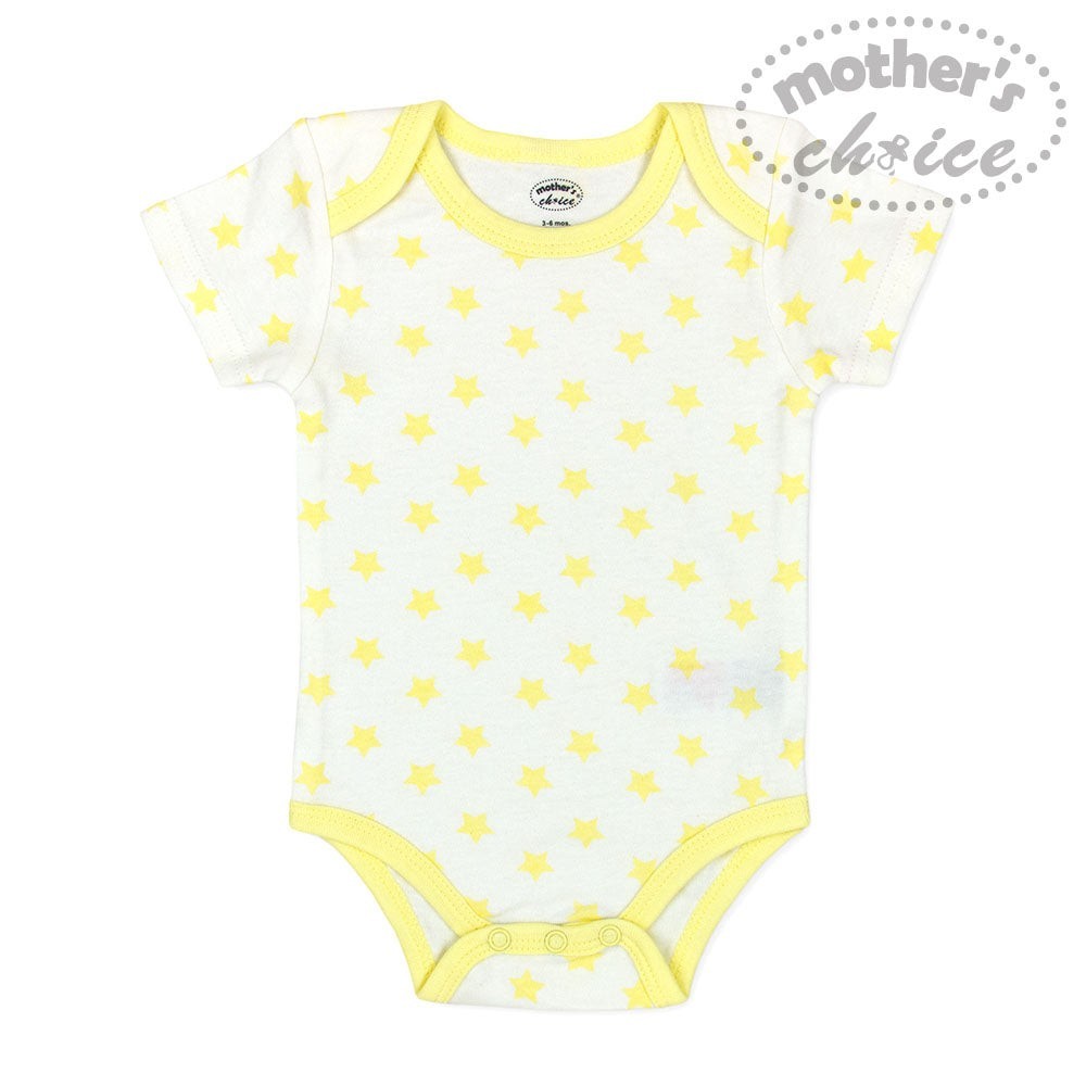 White baby onesie with yellow polka dots and trim on a white background, featuring 'Mother's Choice' branding.