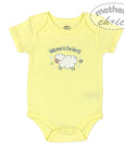 Yellow baby onesie with a sheep design and text on a white background