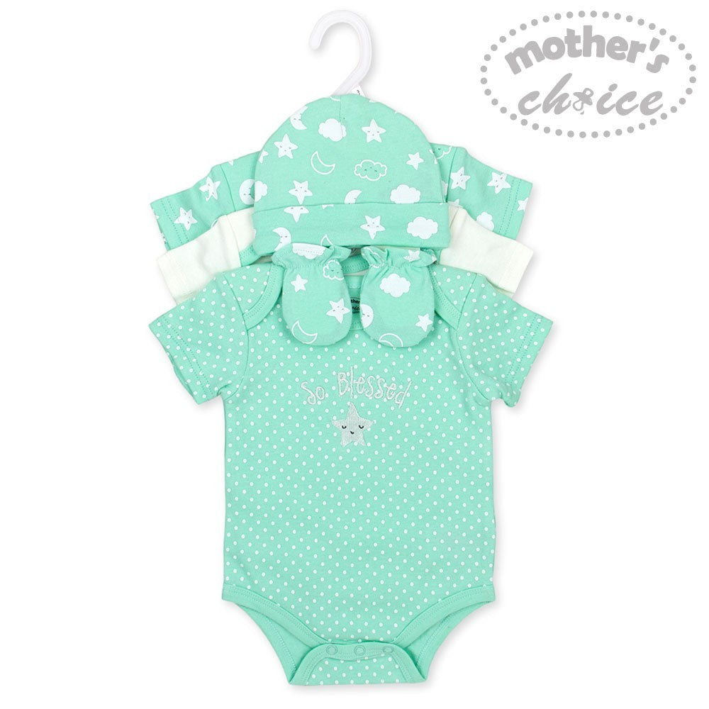 Mint green baby outfit with matching hat, romper, and booties on a hanger with 'Mother's Choice' branding.