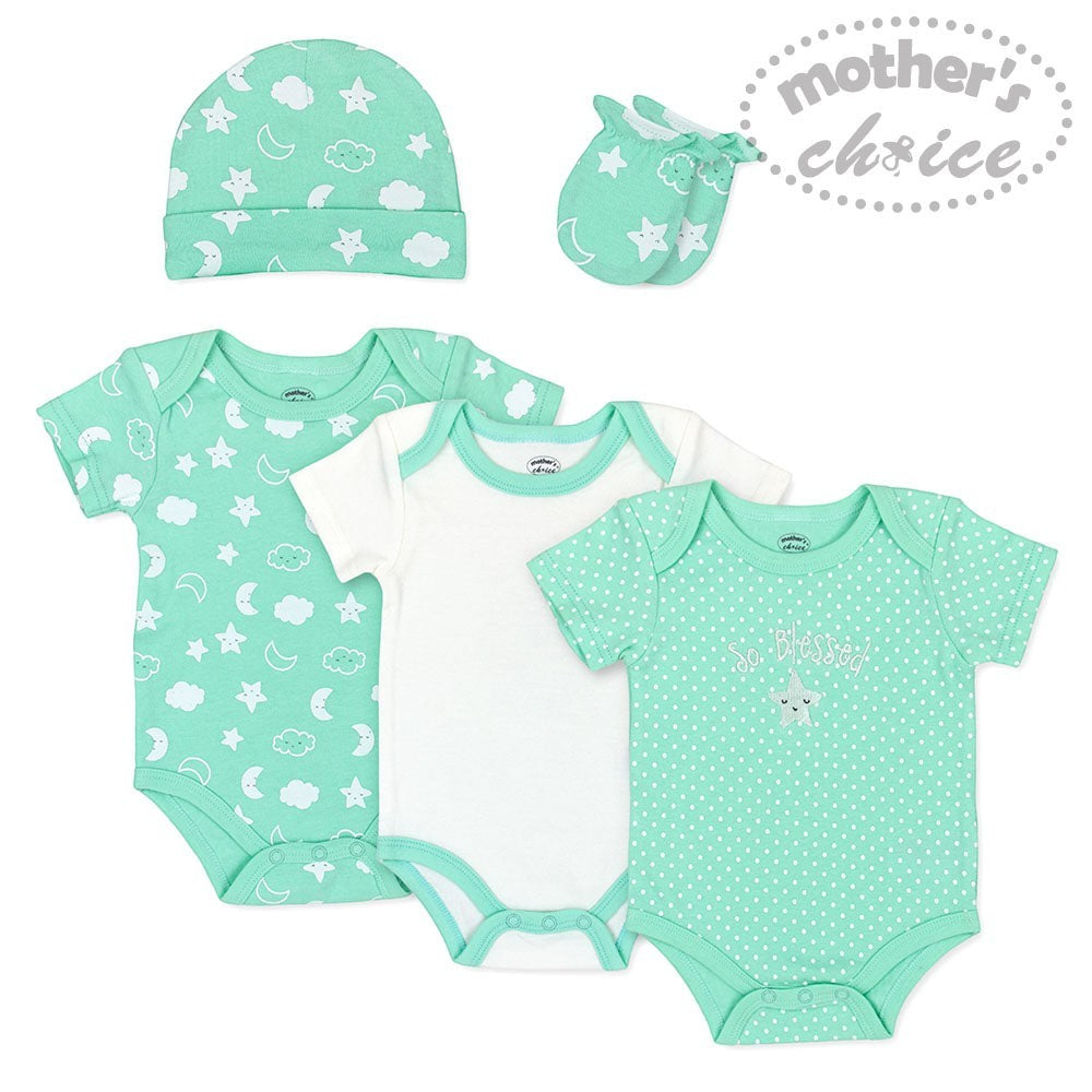 Set of baby clothing including onesies and hats with 'Mother's Choice' branding on a white background.