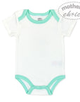 White baby onesie with green trim on a white background, featuring 'Mother's Choice' branding.