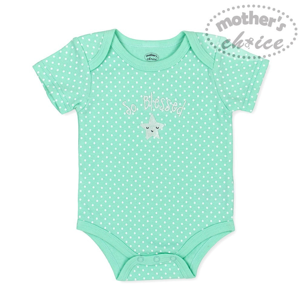 Mint green baby onesie with white polka dots and 'So Blessed' text on a white background.