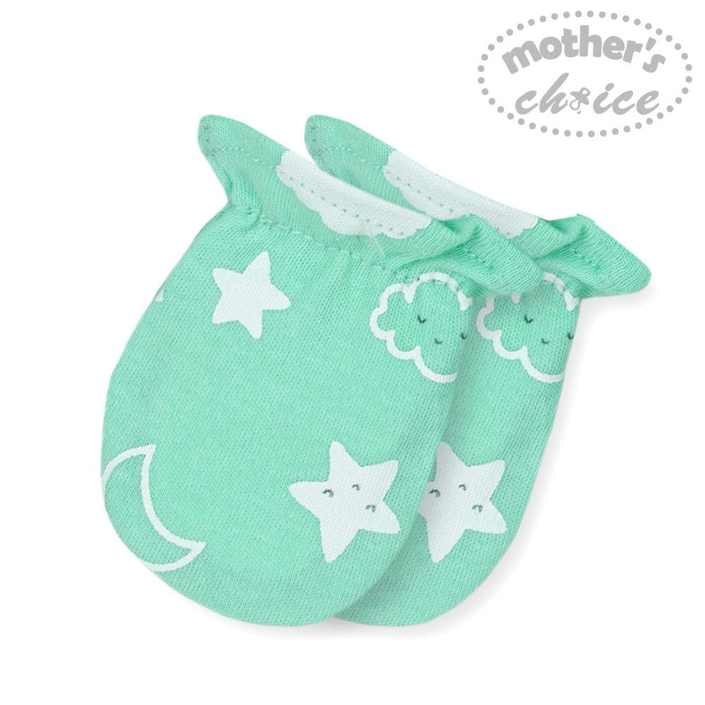 Pair of green baby booties with star and cloud patterns on a white background, featuring 'Mother's Choice' branding.