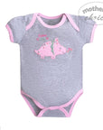 Gray baby onesie with pink accents and a pink dinosaur design on a white background.