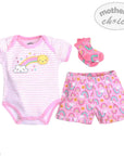 Baby clothing set with onesie, shorts, and socks on a white background, featuring 'Mother's Choice' brand.