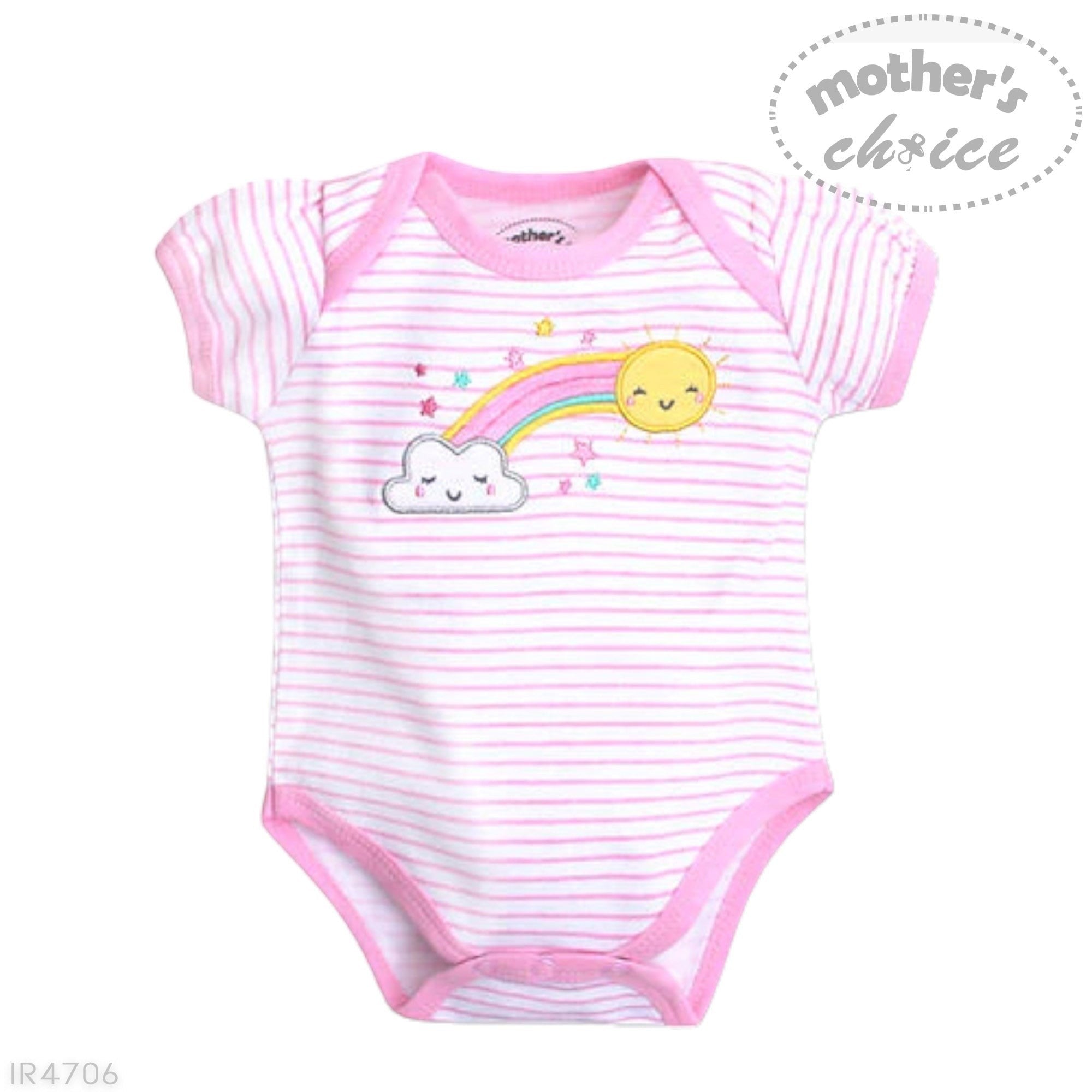 Baby onesie with rainbow and cloud design on a white background