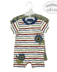 Striped baby romper with animal designs on a hanger against a white background, branded 'Mother's Choice'.