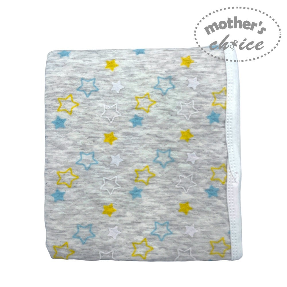 Gray baby blanket with colorful star pattern on a white background, branded 'Mother's Choice'.