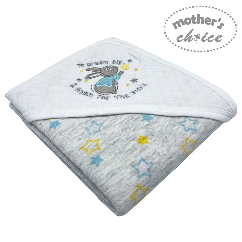 Baby blanket with embroidered design and 'Mother's Choice' branding on a white background