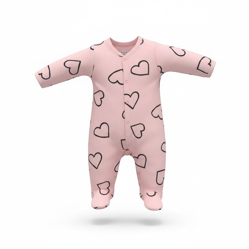 Pink baby onesie with black heart patterns on a white background