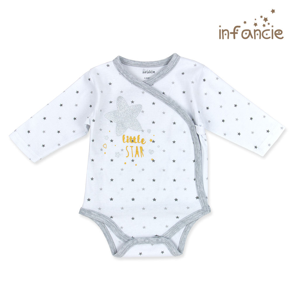 Baby bodysuit with 'Little Star' print on a white background, brand 'infangie' visible.