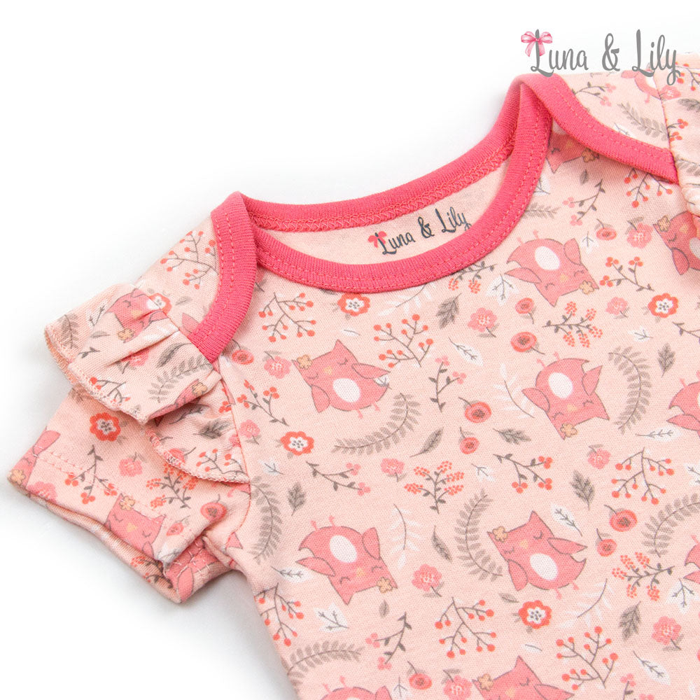 Baby romper with pink fox pattern and ruffled sleeves on a white background, branded 'Luna &amp; Lily'.