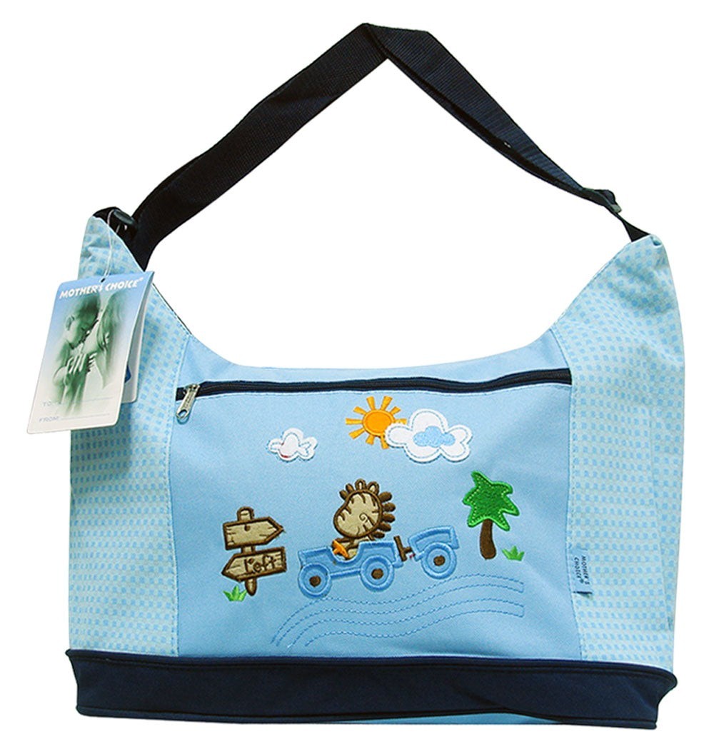Beige bag with cartoon bear design and checkered pattern on a white background