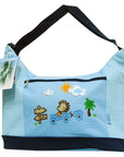 Beige bag with cartoon bear design and checkered pattern on a white background