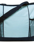 Light blue tote bag with black mesh sides and handle on a white background