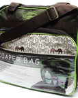 Diaper bag with elephant pattern and visible brand logo on a white background