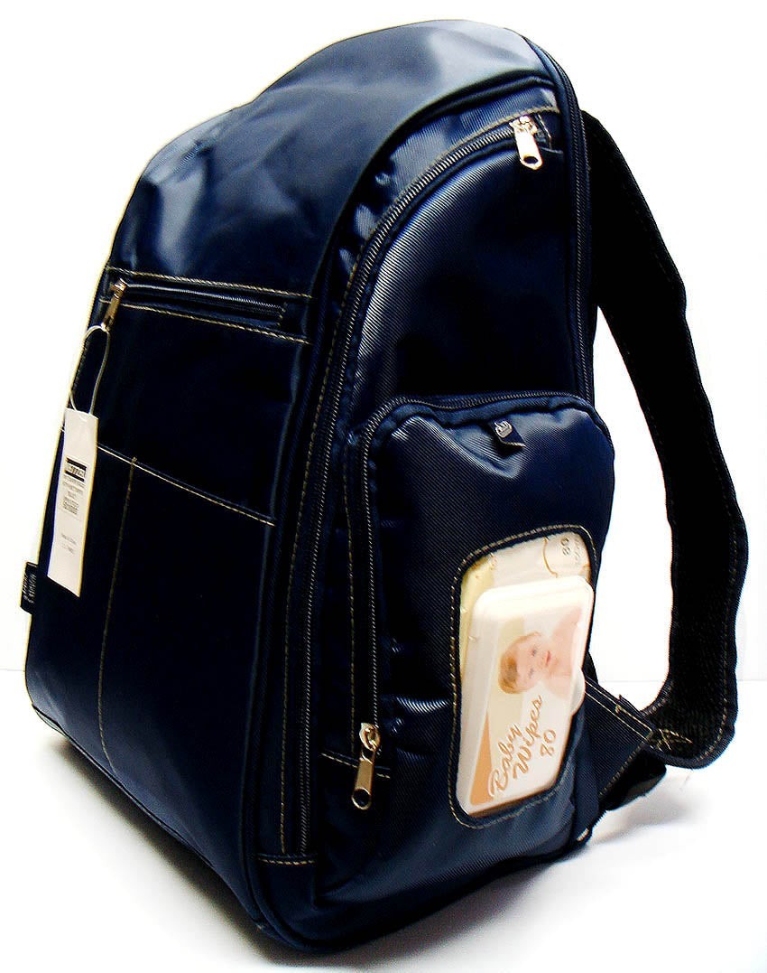 Navy blue backpack with a visible brand tag on a white background